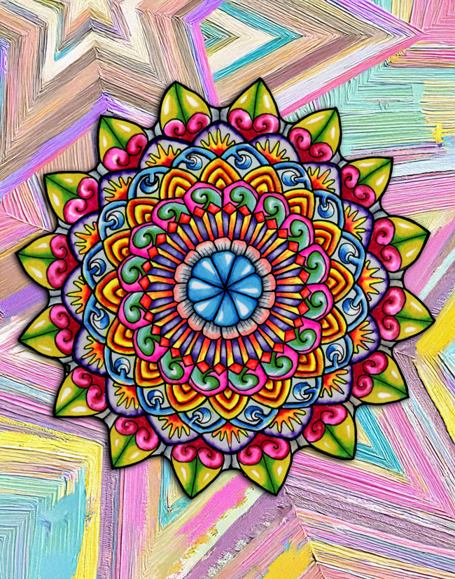 Detailed hand-drawn mandala over a soft pastel AI-assisted textured background with layered painterly color.