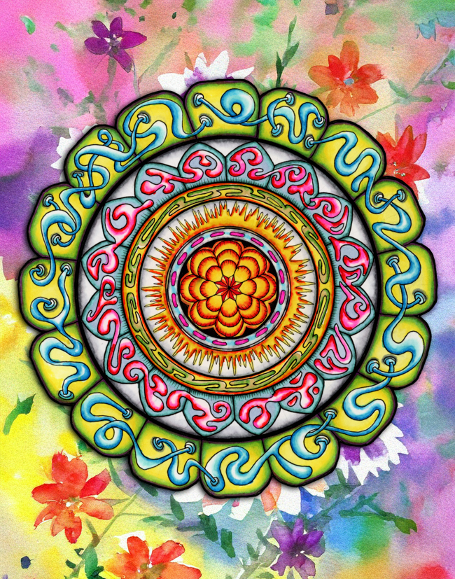Colorful hand-drawn mandala integrated with an AI-assisted watercolor floral field in a bright, approachable palette.