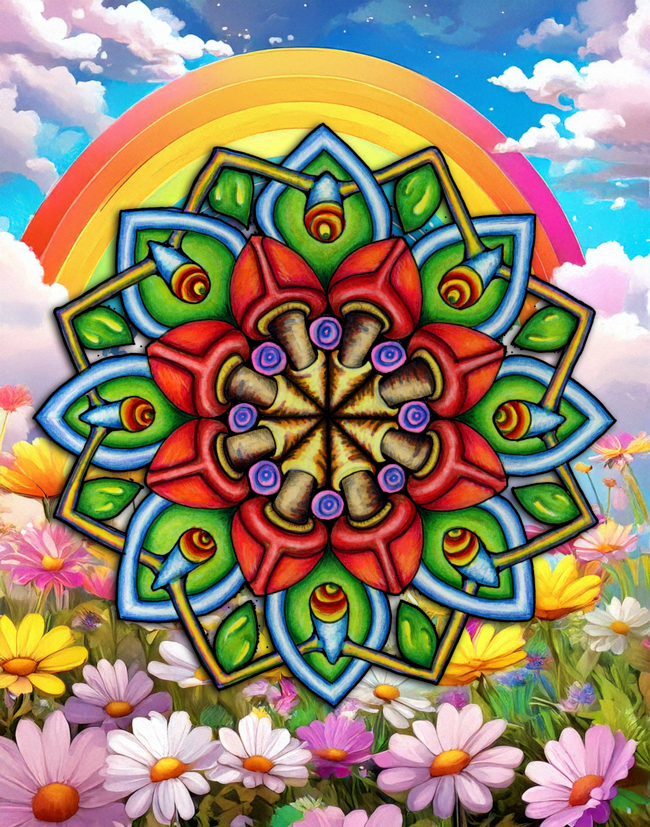 Vibrant hand-drawn mandala within an optimistic AI-assisted scene of rainbow color, flowers, and open sky.