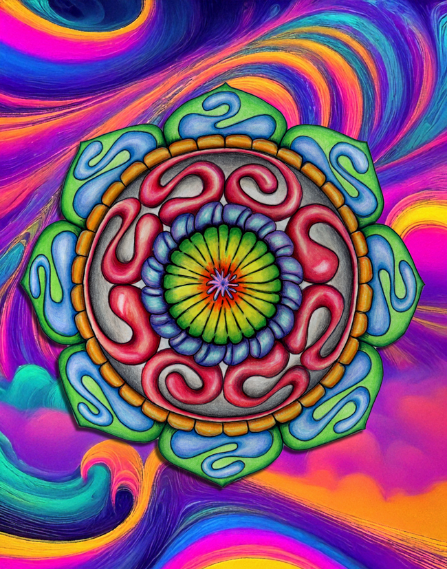 Intricate hand-drawn mandala centered on a saturated AI-assisted abstract background with dramatic color and movement.