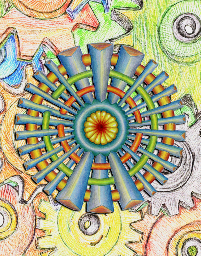 Colorful hand-drawn mandala integrated with an AI-assisted abstract environment featuring sweeping forms and strong visual movement.