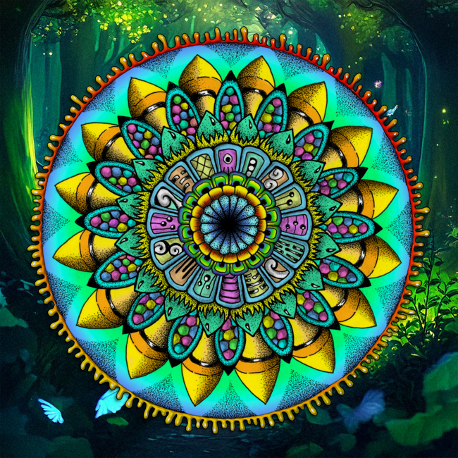 Detailed hand-drawn mandala set within an AI-assisted forest environment with atmospheric depth and natural textures.