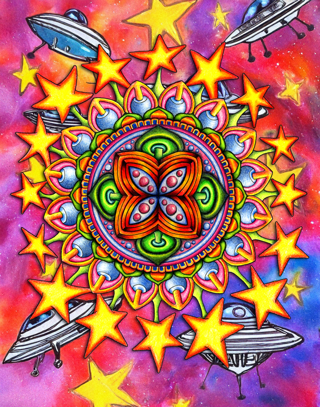 Whimsical hand-drawn artwork integrated into a colorful AI-assisted celestial environment designed as a narrative puzzle concept.