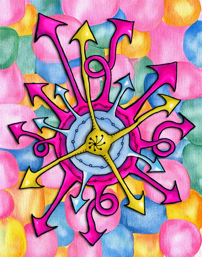 Colorful hand-drawn artwork arranged within an AI-assisted graphic environment featuring layered forms, pattern, and energetic movement.