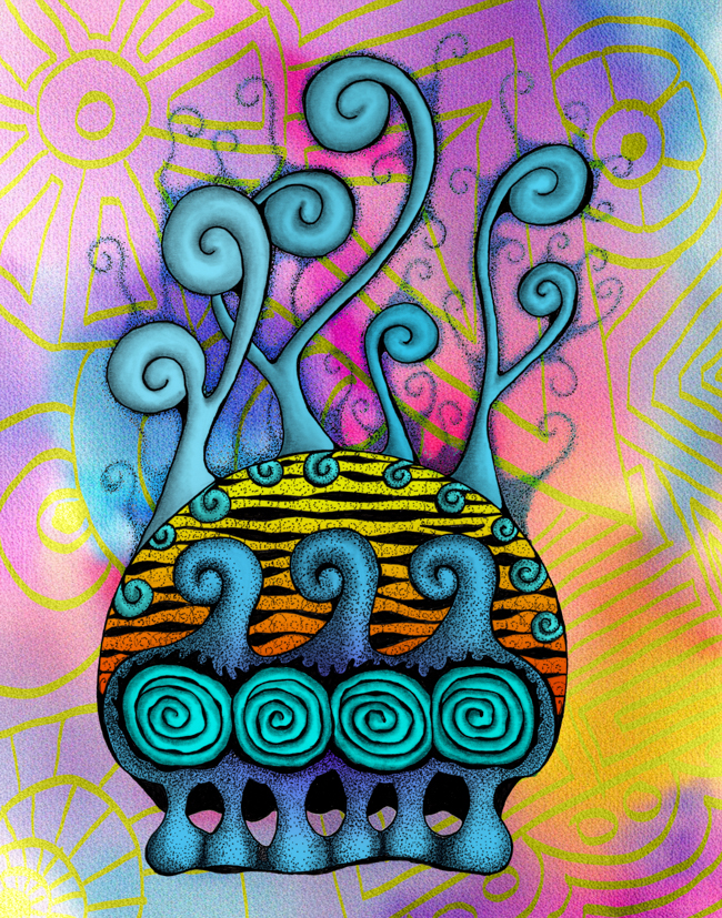 Expressive hand-drawn artwork integrated with an AI-assisted abstract environment exploring imagination, color, and visual movement.