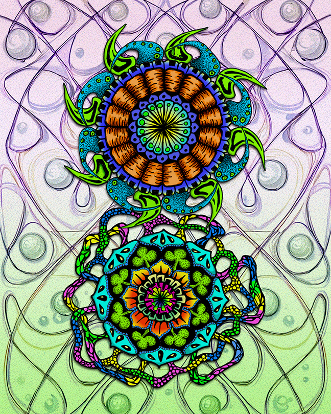Two colorful hand-drawn mandalas arranged over a decorative AI-assisted background with layered color and texture.