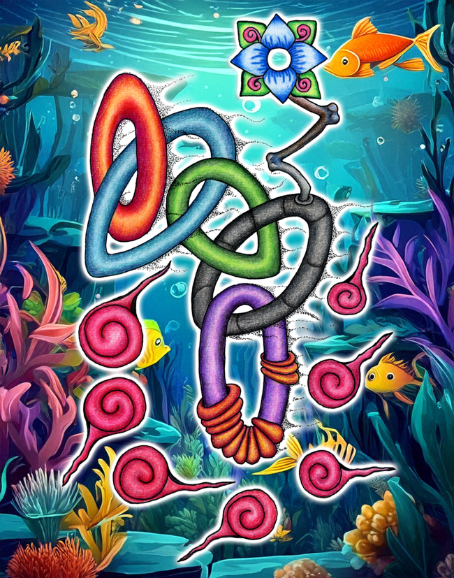 Hand-drawn mandala artwork integrated into an AI-assisted underwater environment with aquatic detail and dramatic depth.