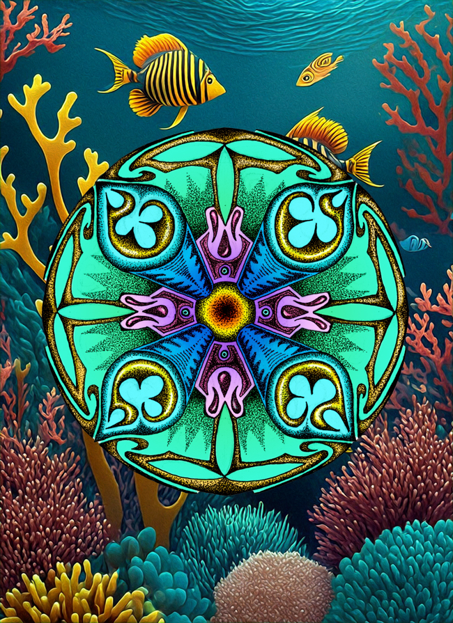 Detailed hand-drawn mandala immersed in an AI-assisted underwater scene with blue-green color and aquatic forms.