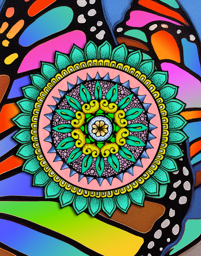 Bold hand-drawn mandala integrated with an AI-assisted graphic background featuring vivid color, pattern, and contrast.