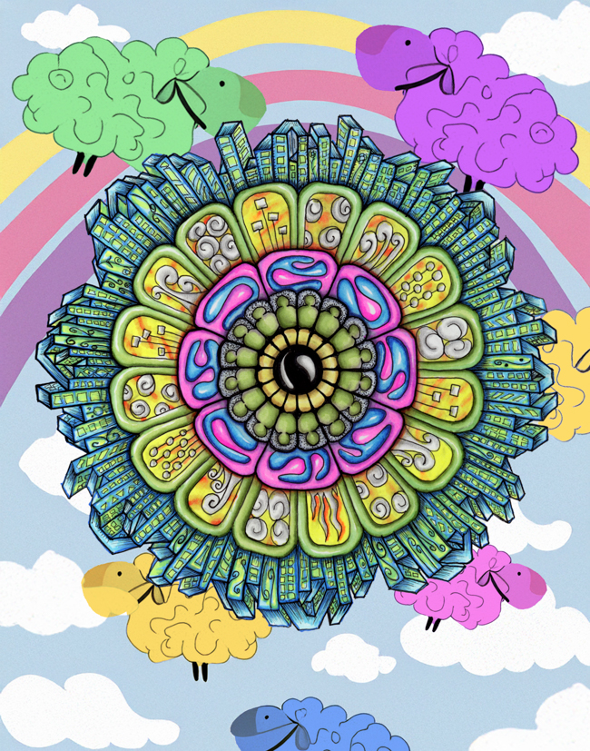 Colorful hand-drawn mandala incorporated into a playful AI-assisted pastoral scene with sheep and whimsical environmental details.