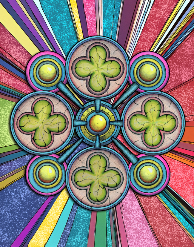 Detailed hand-drawn mandala centered over a radiating AI-assisted graphic background with strong symmetry and color.