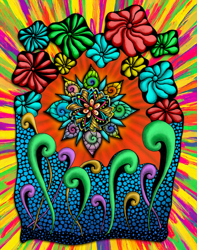 Expressive hand-drawn mandala composition surrounded by an energetic AI-assisted burst of vivid color and abstract forms.