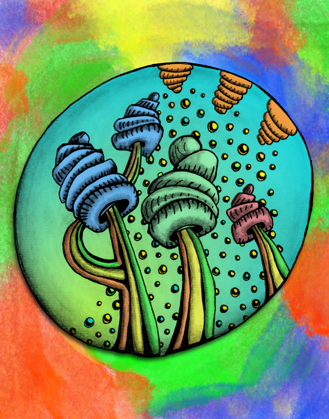 Hand-drawn artwork integrated into an imaginative AI-assisted desert scene combining saguaro cactus forms with a snowy environment.