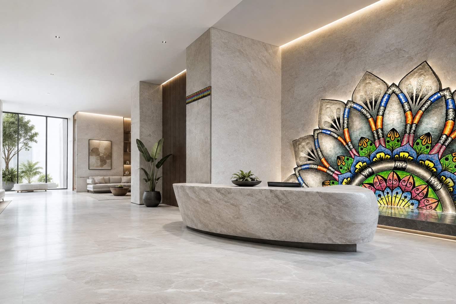 Contemporary lobby with a large illuminated patterned wall installation and water feature