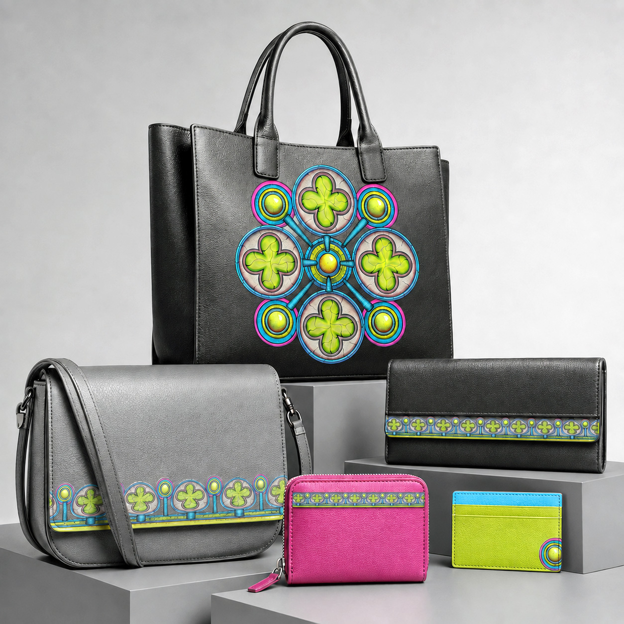 Leather goods and bags featuring the Ancestral Luck design system.