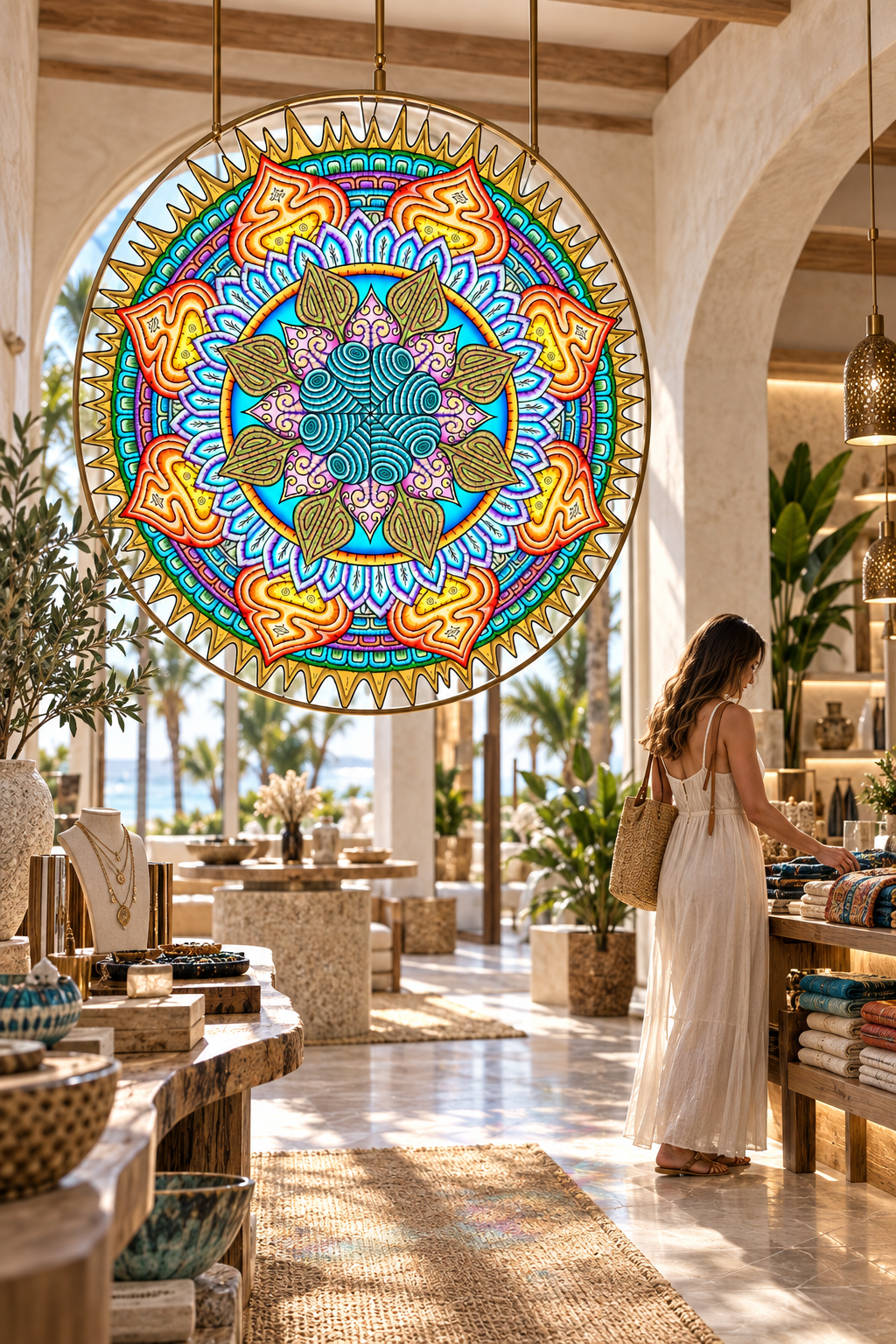 Resort boutique featuring the Desert Flame design system as a suspended decorative screen.