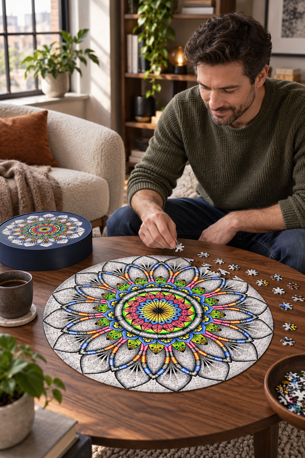 Man assembling a round jigsaw puzzle featuring the Radiance design system.