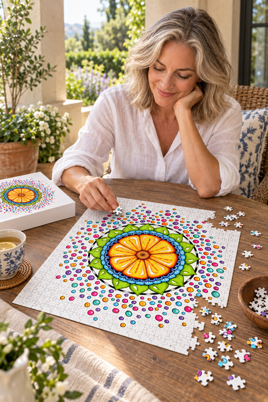 Woman assembling a jigsaw puzzle featuring the Surrender to Grace design system on a garden terrace.