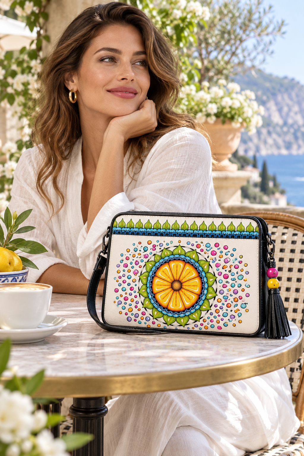 Cream leather shoulder bag featuring the Surrender to Grace design system on a resort terrace.