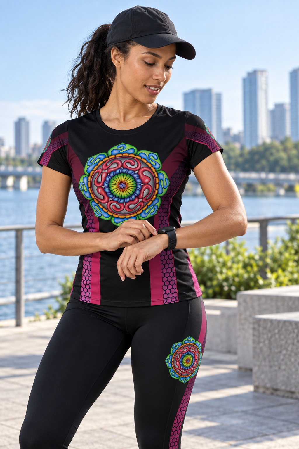 Woman wearing performance apparel featuring the Grounded Core design system beside an urban waterfront.