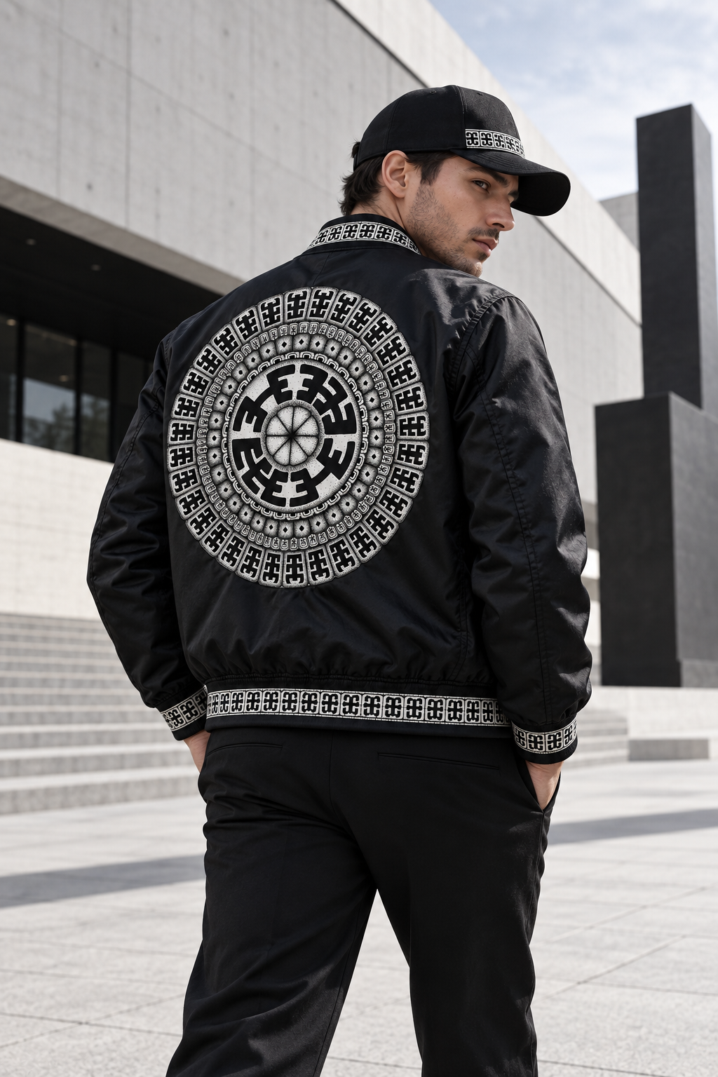Man wearing a black bomber jacket featuring the Komo design system in a modern architectural setting.