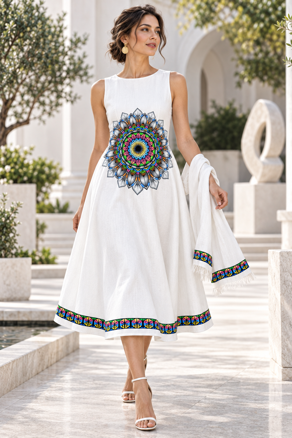 Woman wearing a white dress featuring the Radiance design system in a contemporary gallery courtyard.