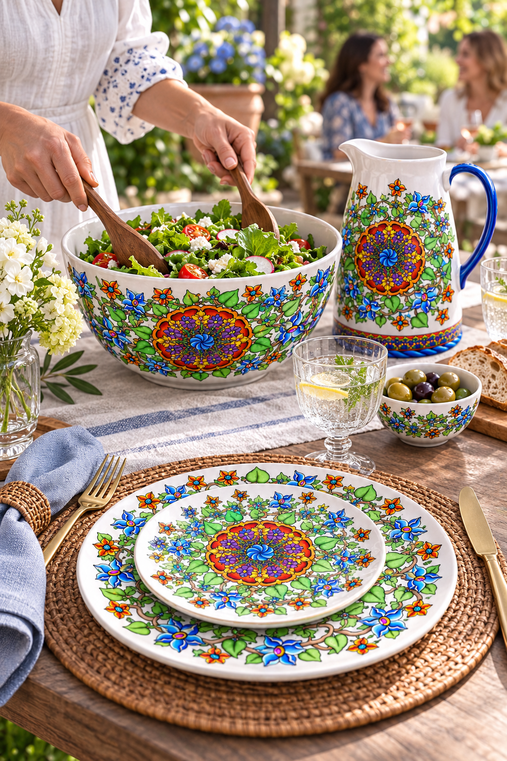 Host serving salad in tableware featuring the Wall Flowers design system at a garden brunch.