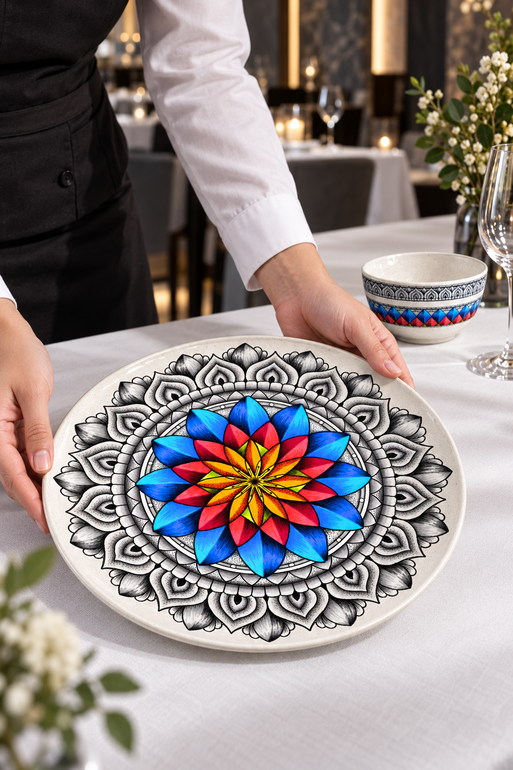 Server placing a dinner plate featuring the Inner Coherence design system at a fine-dining table.