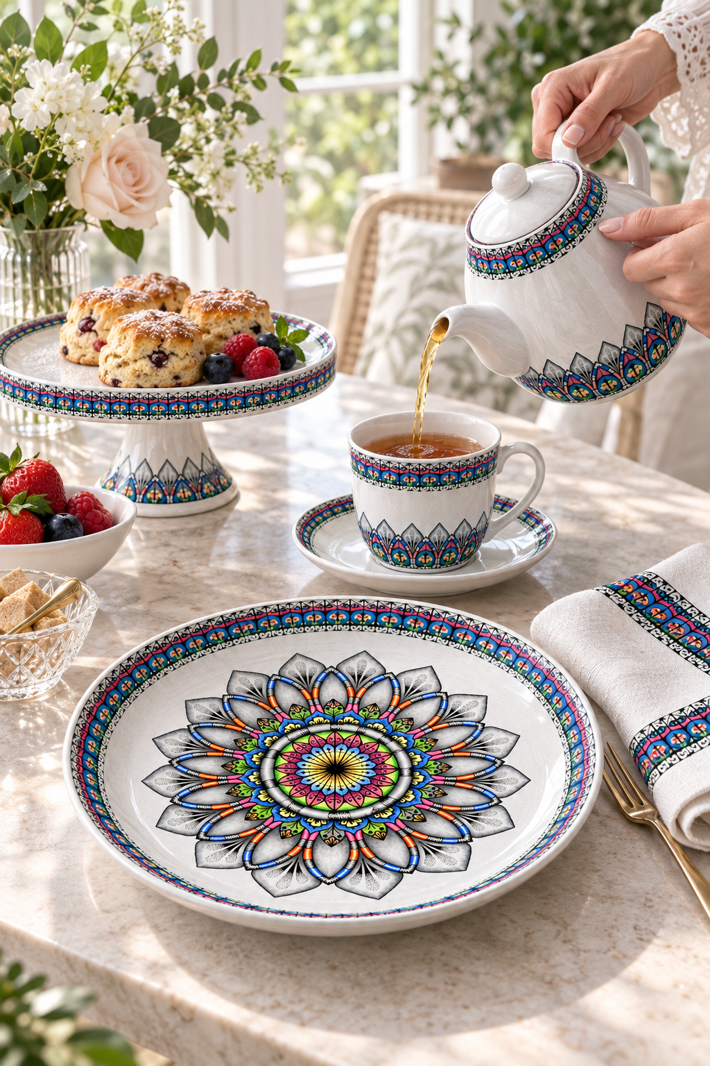 Woman pouring tea beside tableware featuring the Radiance design system in a sunlit setting.