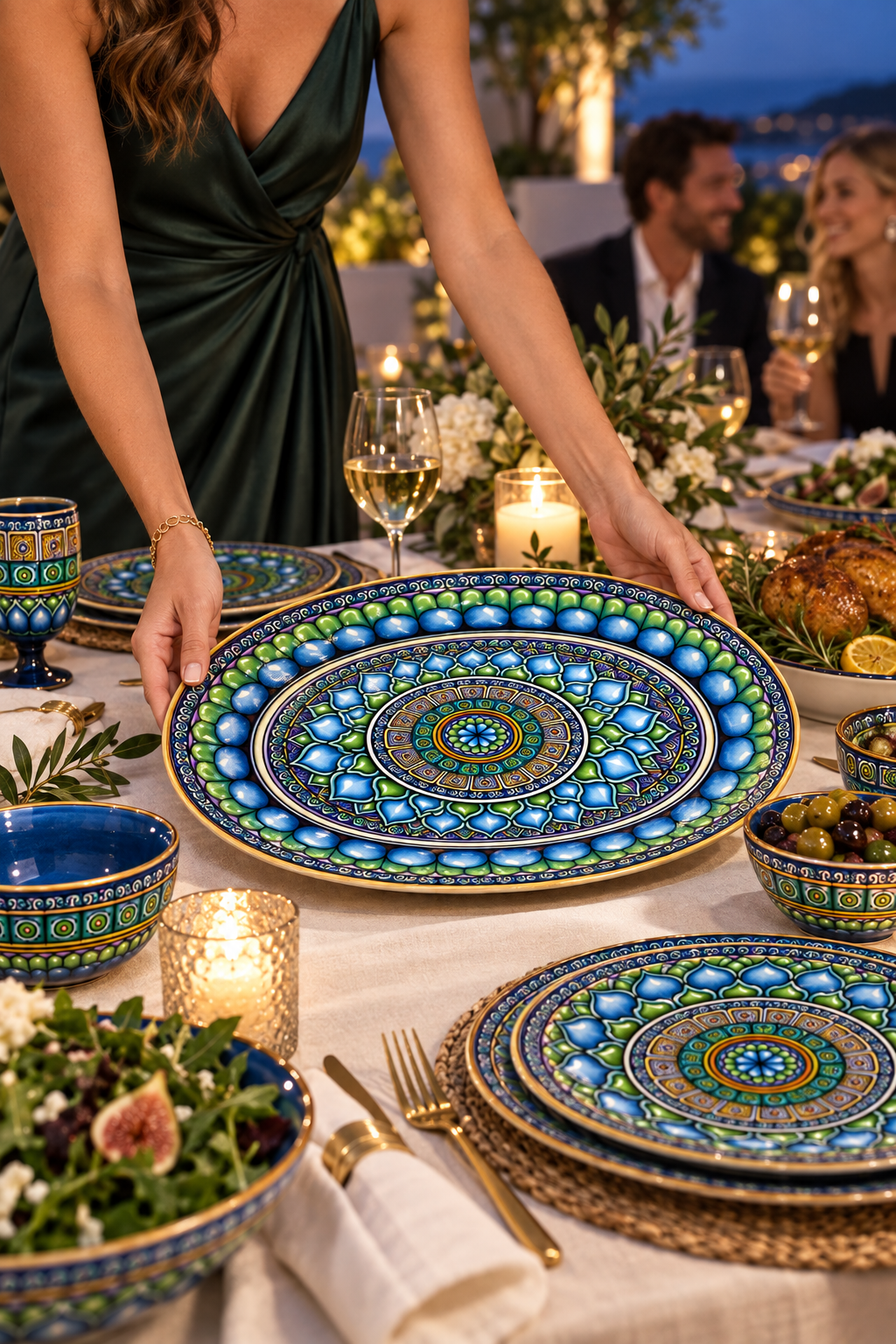 Host placing a serving platter featuring the Emerald Dream design system at an evening dinner party.