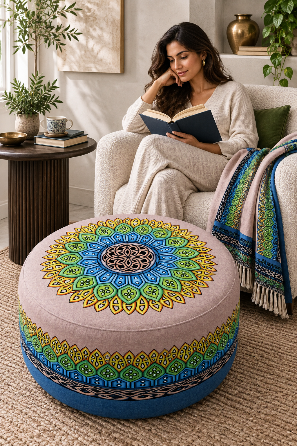 Crown design featured on an upholstered ottoman and coordinating throw in an elegant reading corner.