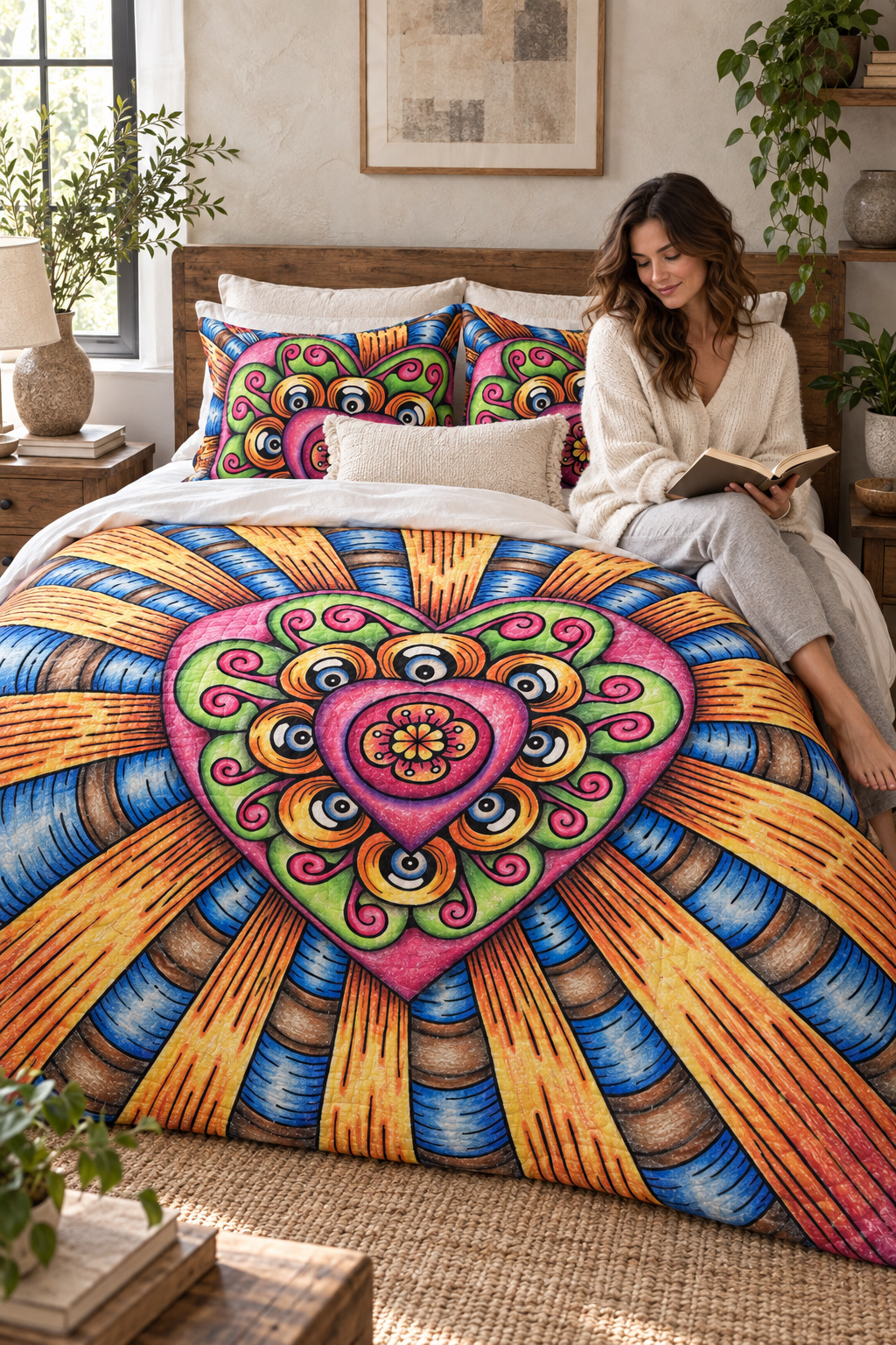 Bursting Heart design featured on colorful bedroom textiles in a contemporary interior.