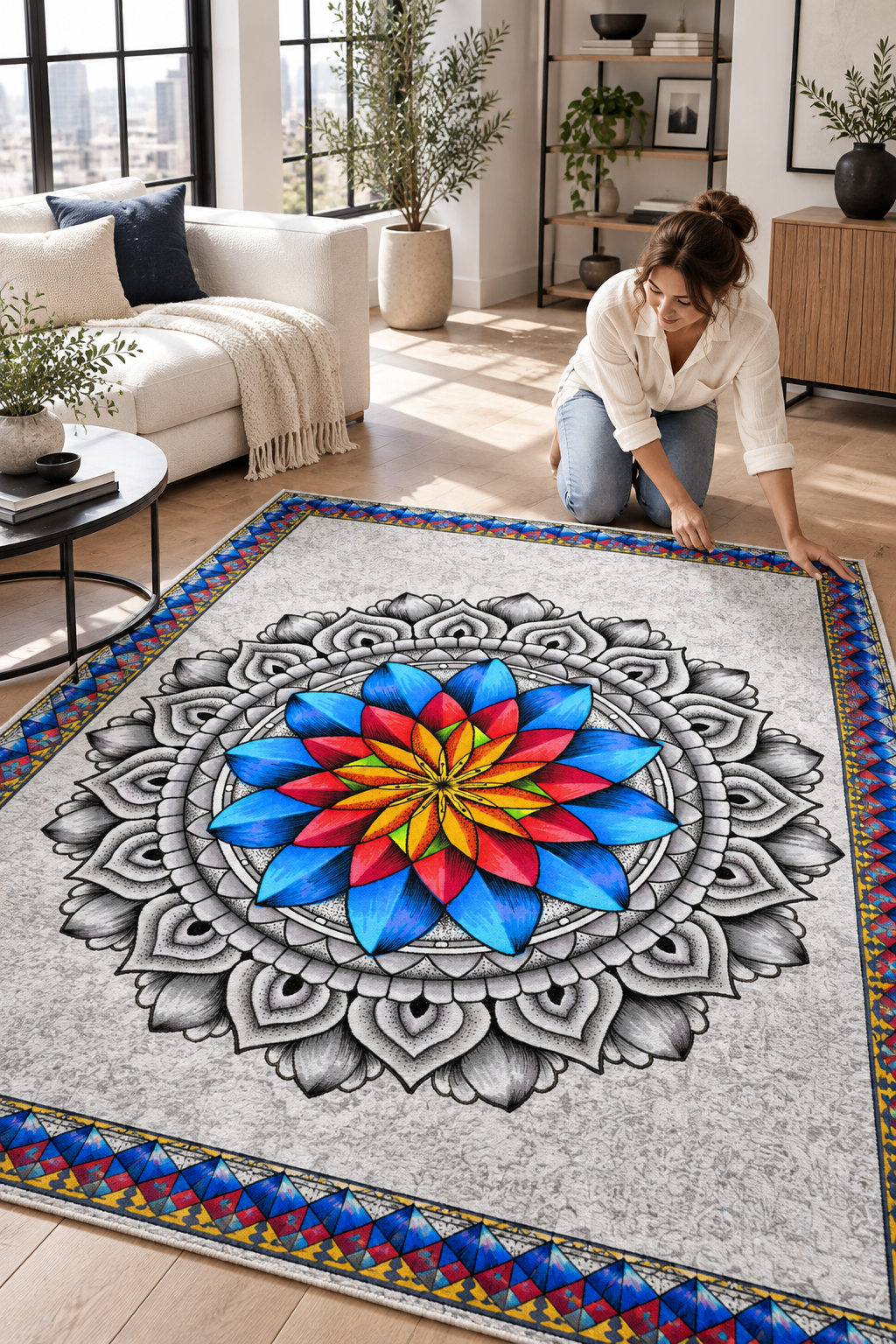 Inner Coherence design featured on a statement area rug in a contemporary loft interior.