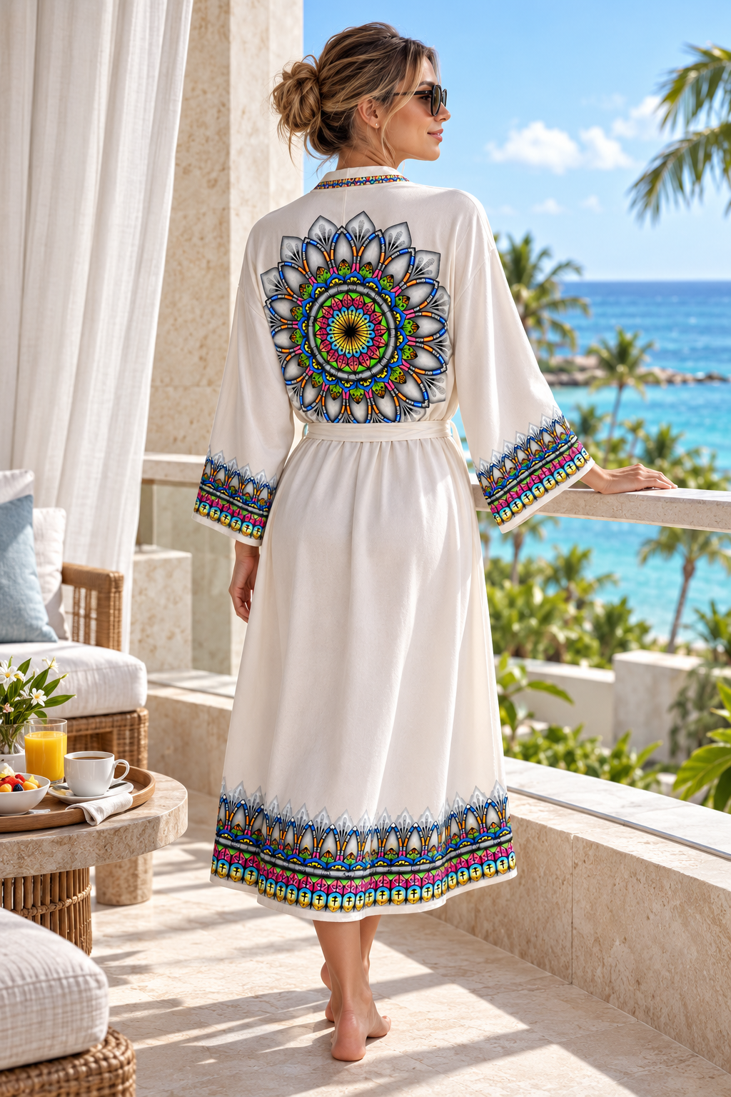 Radiance design featured on a resort robe overlooking a tropical oceanfront balcony.
