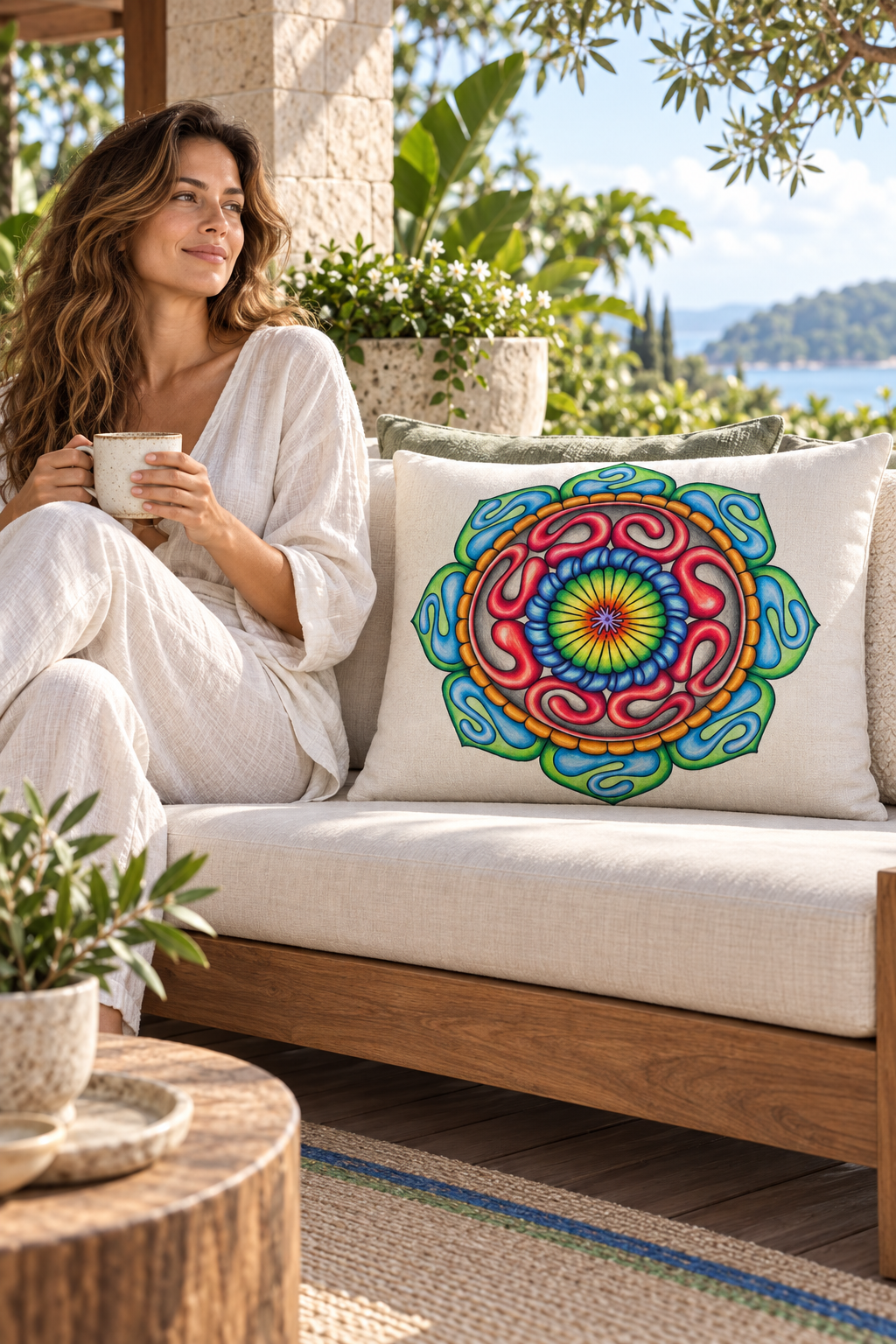 Woman relaxing with coffee on a covered garden deck beside a cushion featuring the Grounded Core mandala.