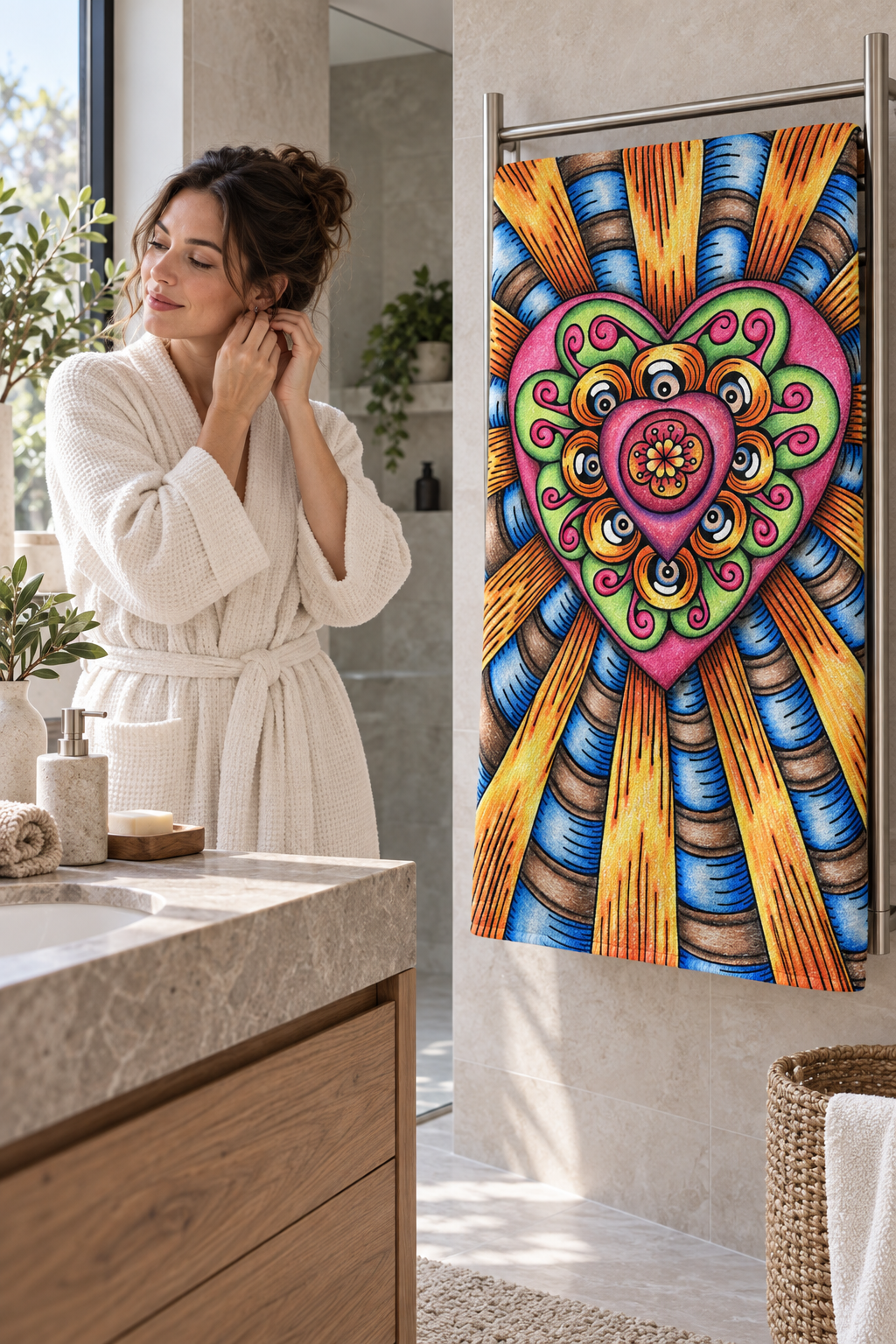 Woman in a modern bathroom beside a bath sheet featuring the Bursting Heart design.