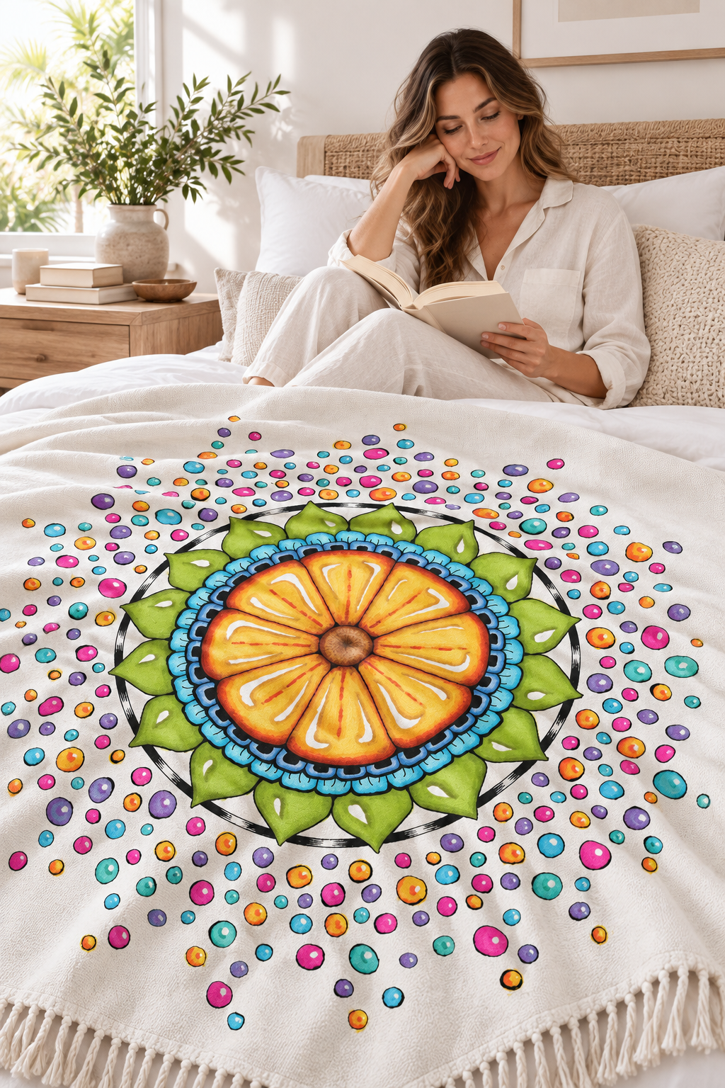 Woman reading in bed beneath a woven throw featuring the Surrender to Grace mandala.