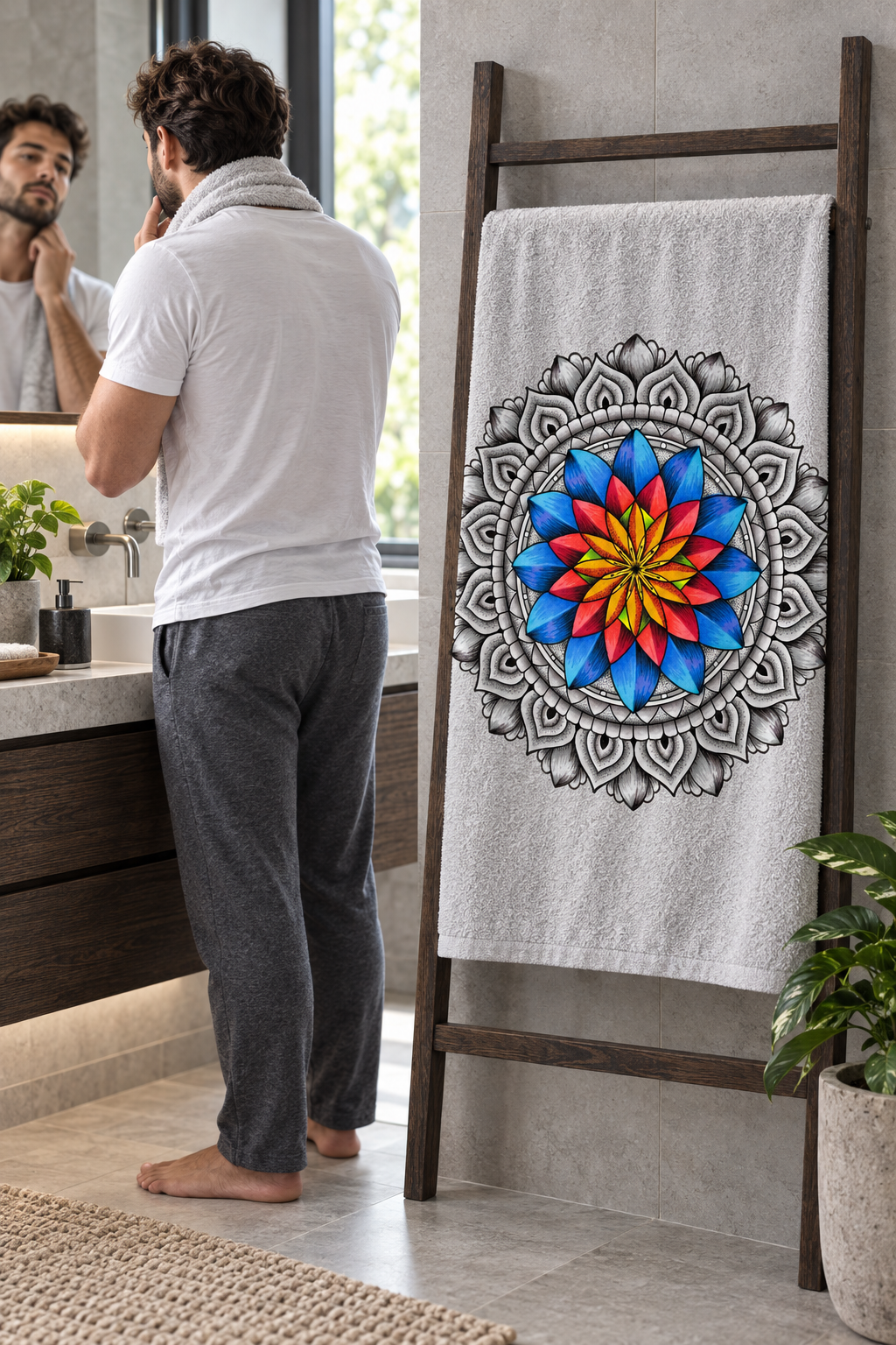 Man grooming in a modern bathroom beside a bath towel featuring the Inner Coherence mandala.