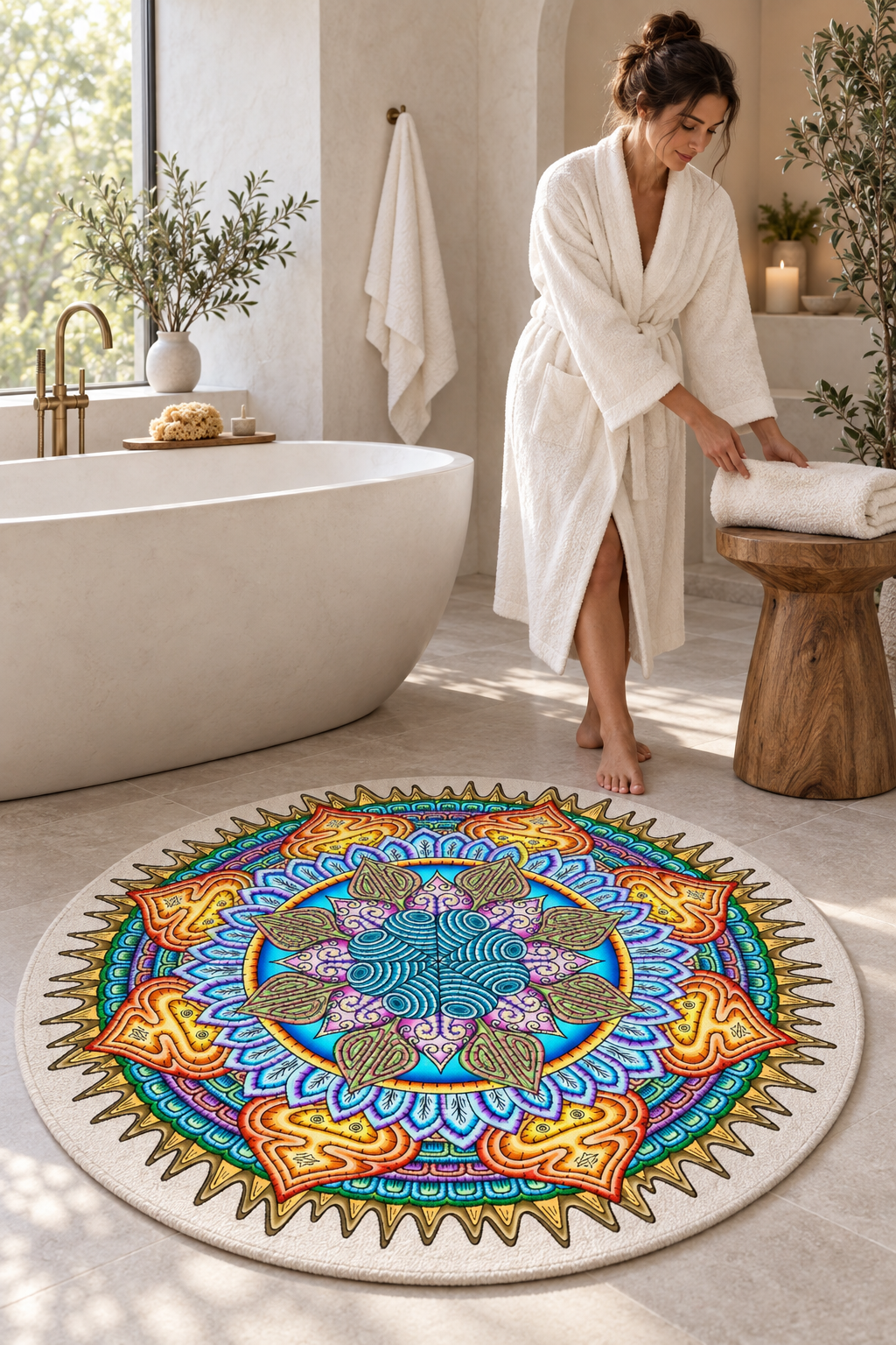 Woman in a spa bathroom beside a circular bath rug featuring the Desert Flame mandala.