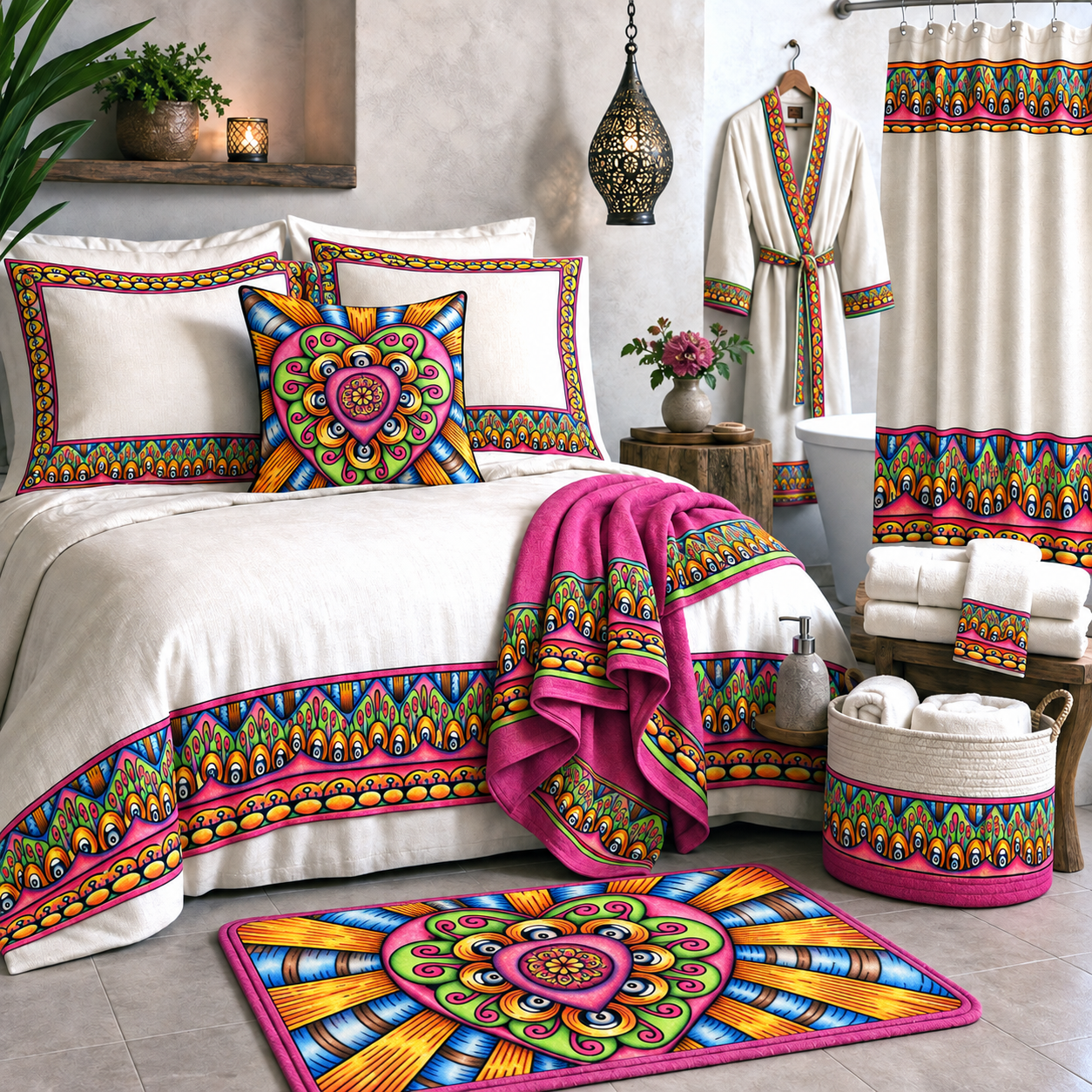 Bed and bath products featuring the Bursting Heart design system.