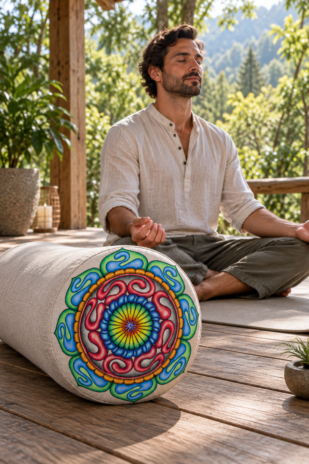 Man meditating outdoors beside a Grounded Core patterned yoga bolster at a mountain wellness retreat.