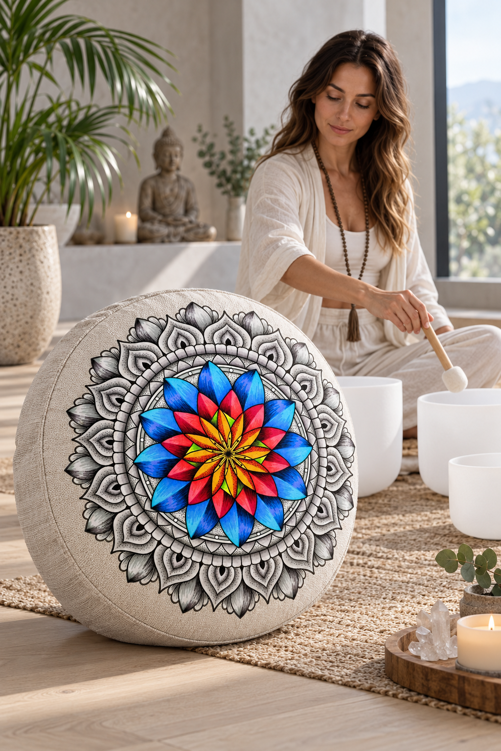 Woman leading a sound-bath session beside an Inner Coherence patterned meditation cushion.