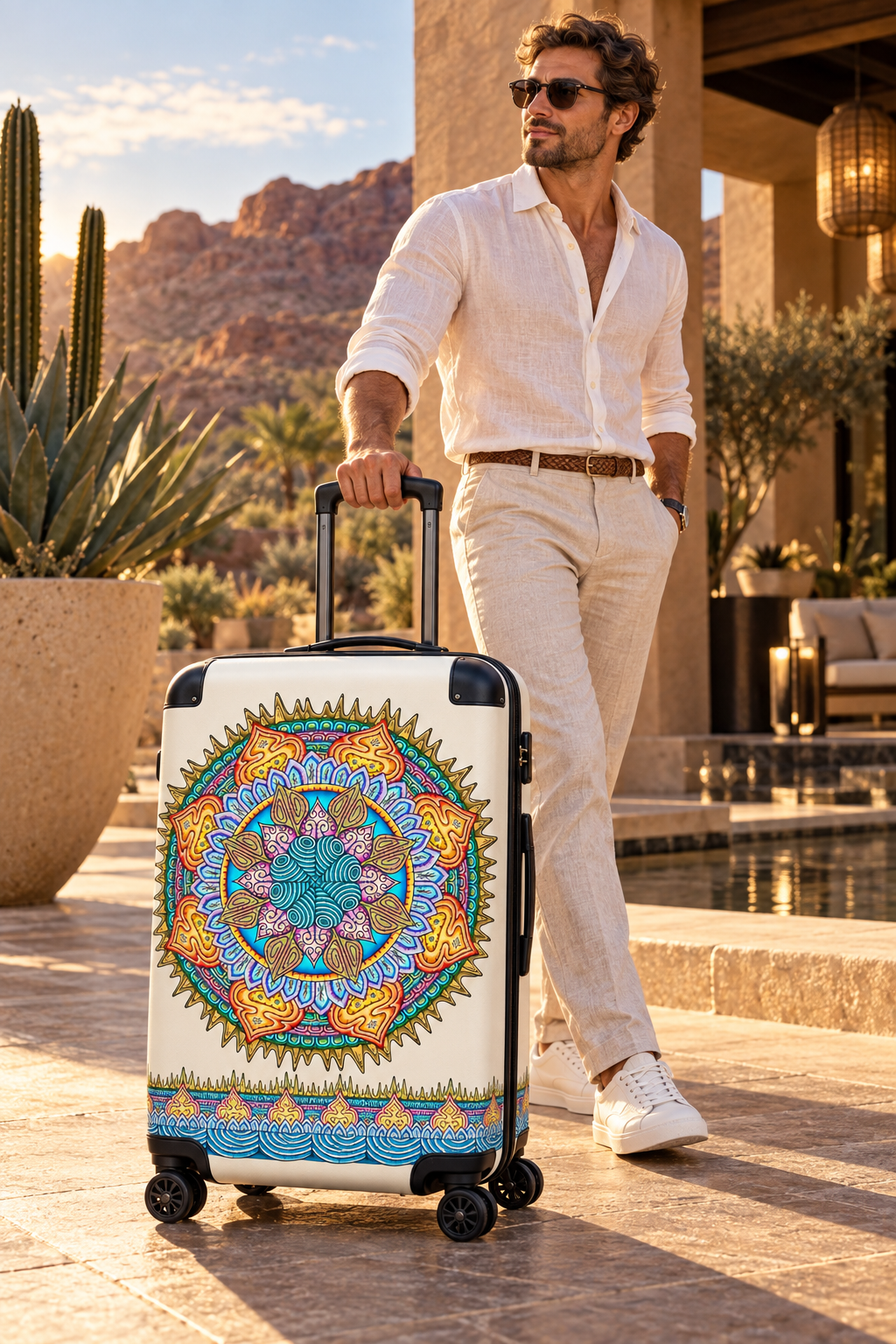 Man arriving at a desert resort with a premium suitcase featuring the Desert Flame design system.