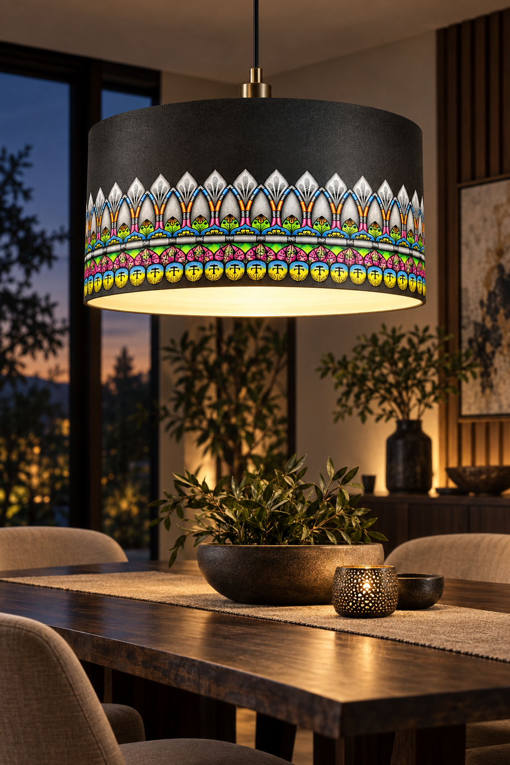 Radiance design system featured on a statement pendant light in a contemporary dining room.