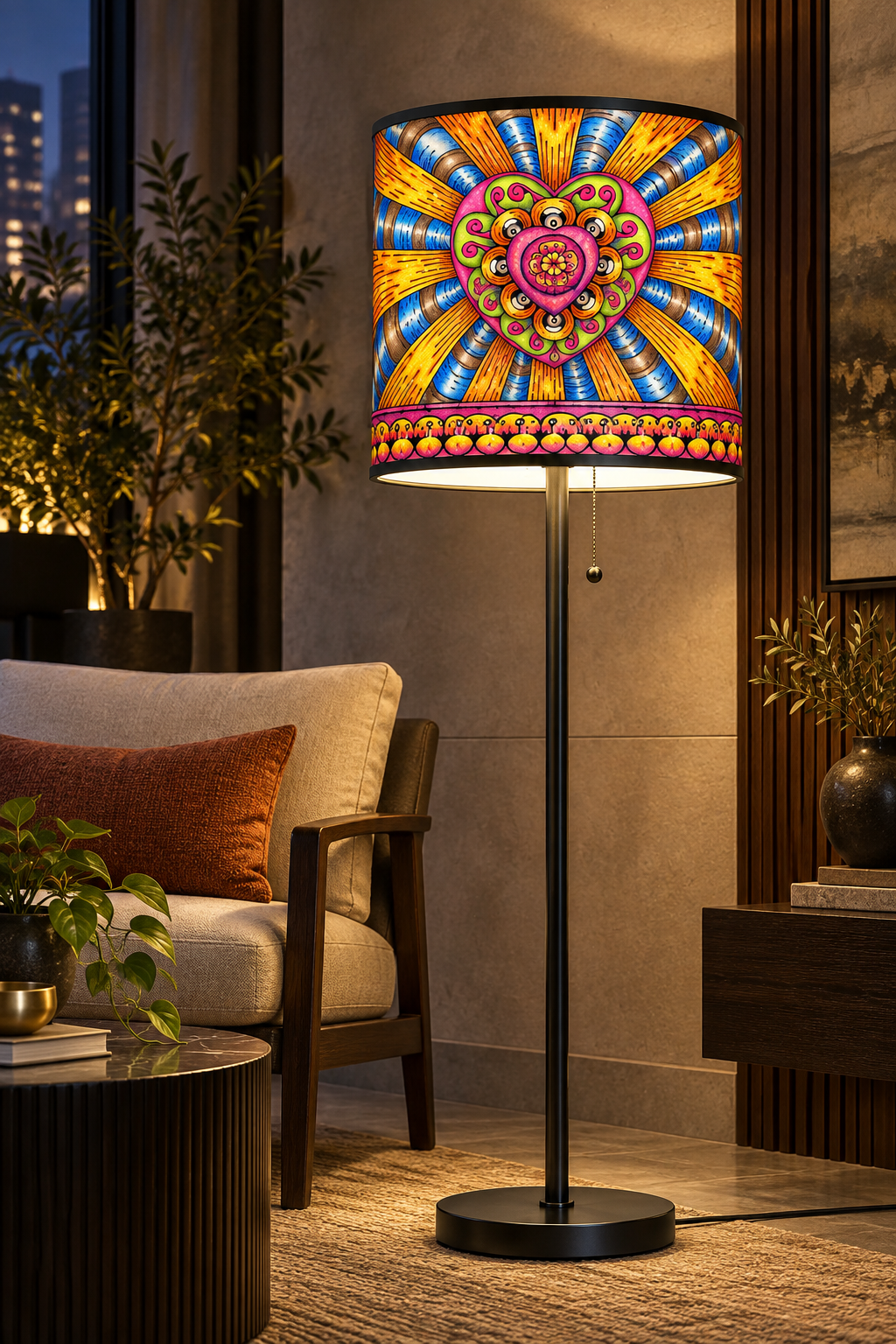 Bursting Heart design system featured on a floor lamp in a contemporary lounge.