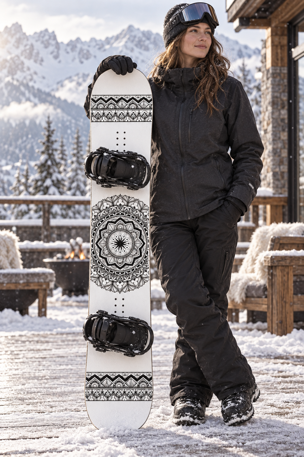 Snowboarder holding a white snowboard with the Rhythmic Pulse mandala and patterned end bands at an alpine lodge.
