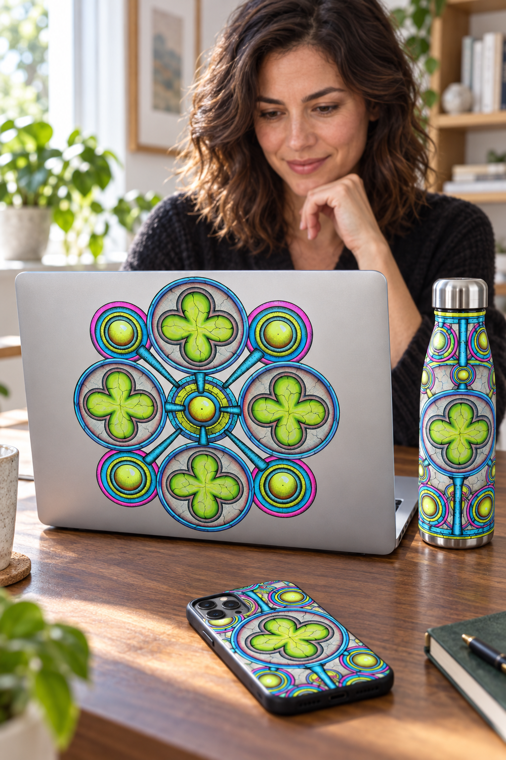 Woman using a laptop decorated with Ancestral Luck artwork beside a matching phone case and water bottle.