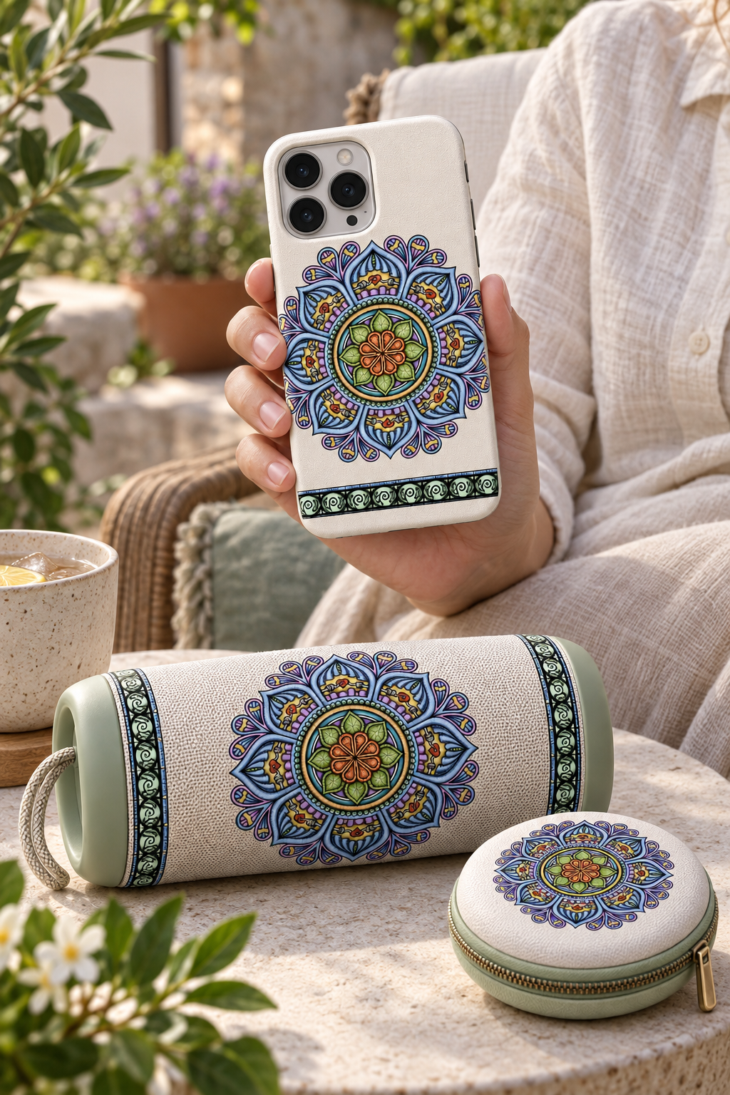 Person holding an ivory Siriusly phone case beside a matching portable speaker and round accessory case on a terrace.