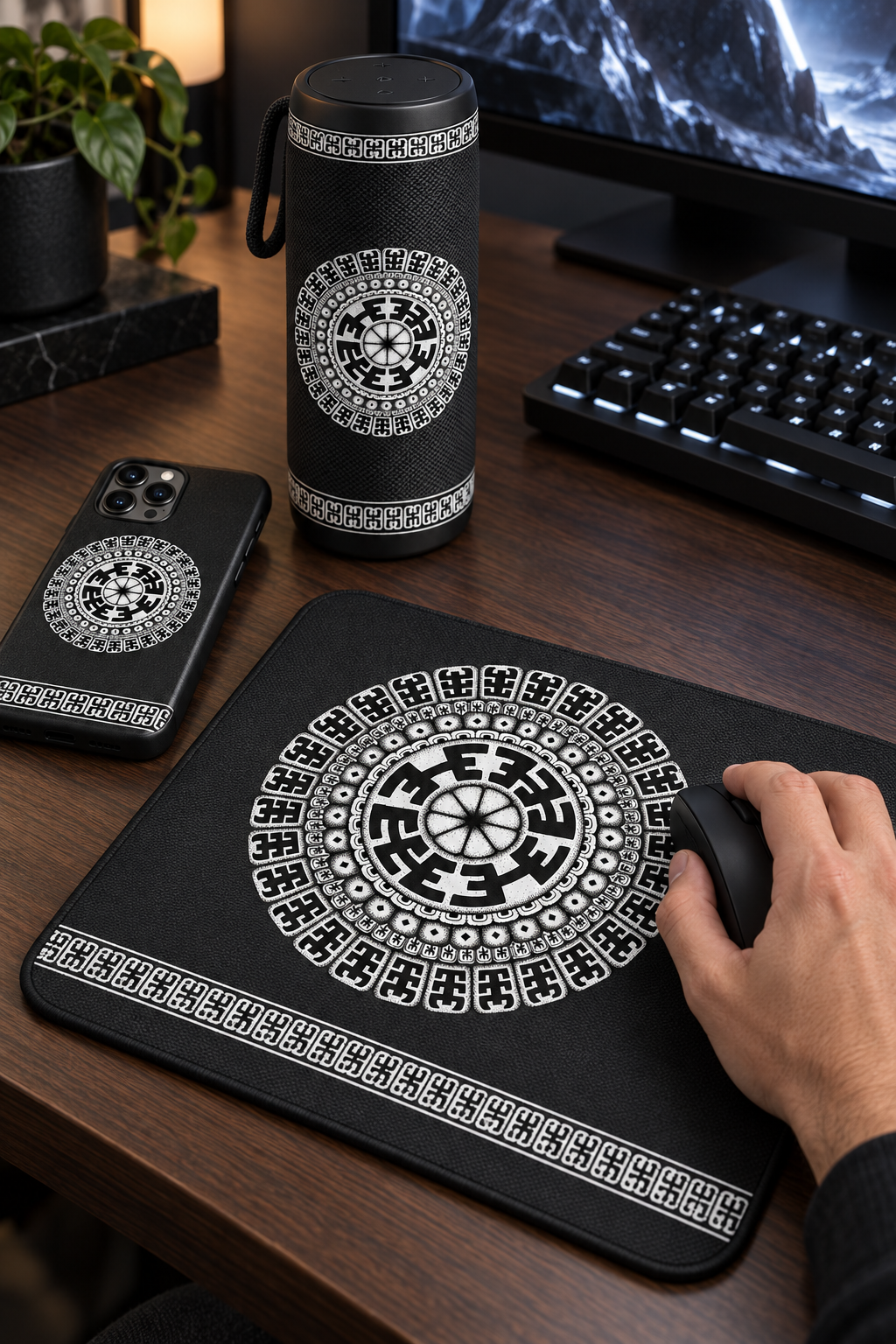 Black mouse pad, phone case and portable speaker featuring white Komo artwork on a walnut computer desk.