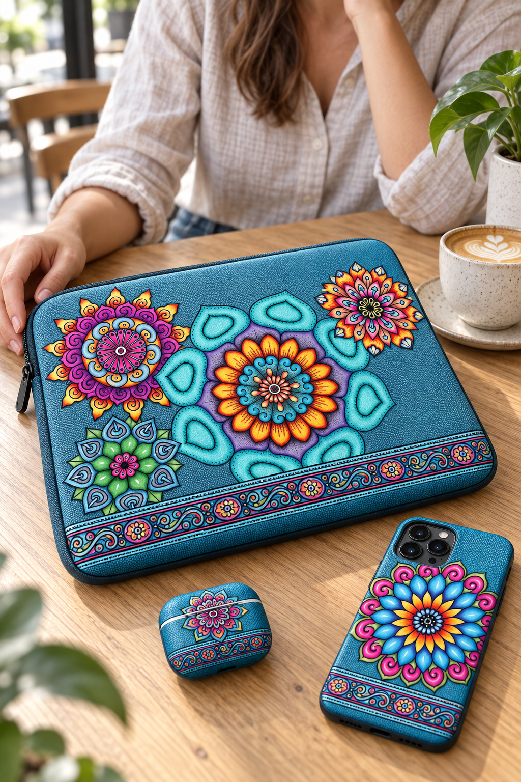 Teal laptop sleeve, phone case and earbud case featuring colorful Mandala Collage 4 artwork on a cafe table.